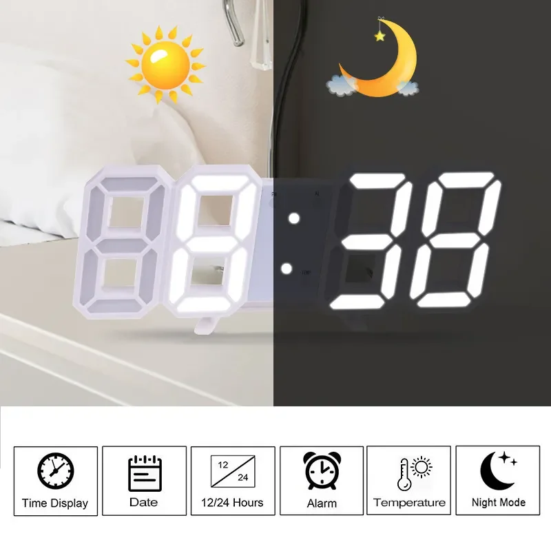 Wall Mounted Desktop Illuminate Alarm Digital 3D LED Desk Clock with Snooze Function