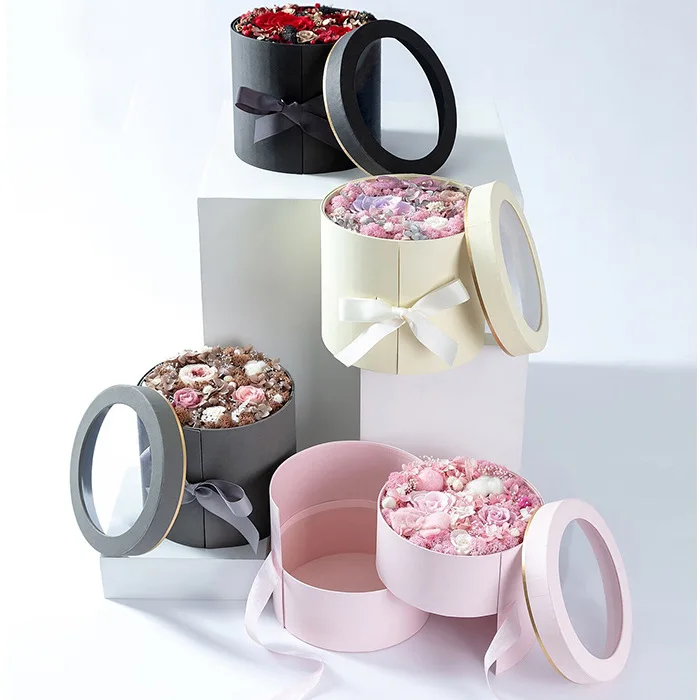 Double Layer Rotating Round Flower Box  Arrangement Gift Love Rose Boxes With Clear Window