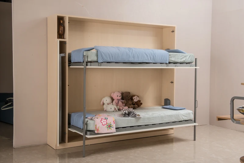 Modern Folding Murphy Bunk Bed with Pull-Down Trundle Space-Saving Wall Bed Design Single Saving Wood Panel Style