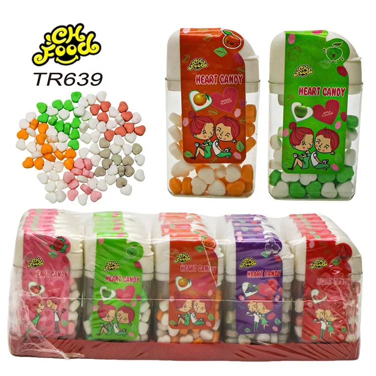 Custom Individual Label Plastic Bottle Packing Fruit Flavor Heart Shape Tablet Candy Wholesale Halal Candy Toy