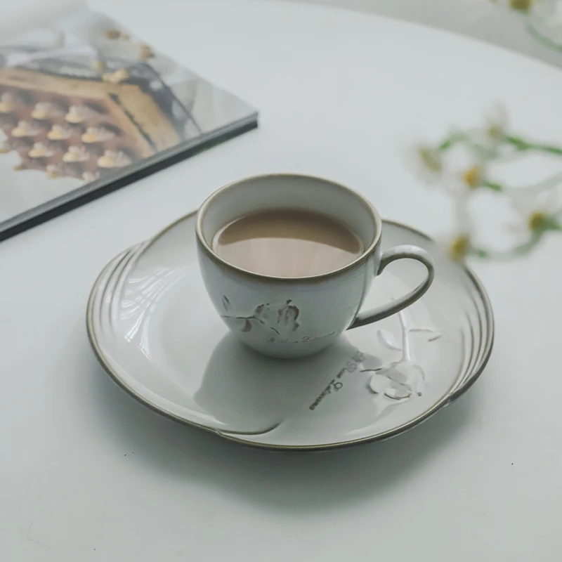 Contemporary Reactive Gray Glaze Elegant Embossed Rose Flower Ceramic Tea & Coffee Cup with 8-Inch Dessert Plate