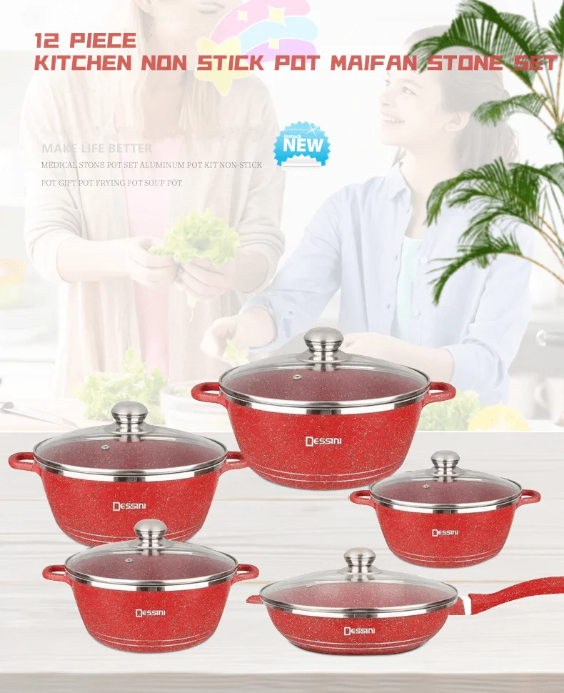 Hot selling Dessini 12 pcs cookware set non stick die cast aluminum kitchenware set with tempered glass cover