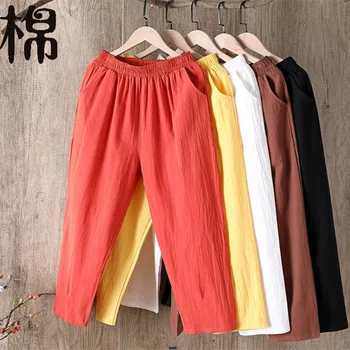 Large Size Women Pants Spring and Summer Ankle-length Pants Loose Casual Harem Like Cotton and Linen Trousers Solid Color