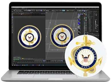 3D modeling software rendering a custom coin design