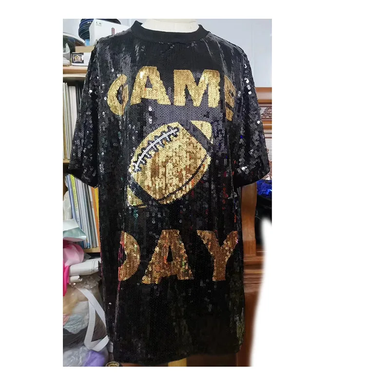 personalized football jersey dress Wholesale Custom Football Logo Game Day Sequin Jersey Dress Sequin Womens Casual Crew Neck Dress