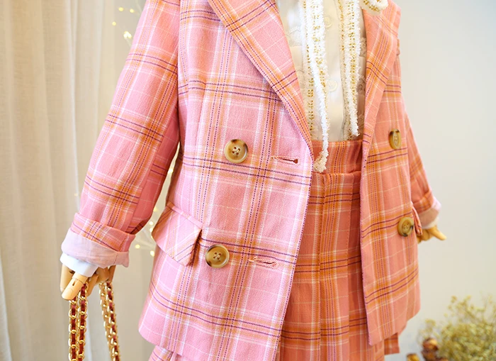 Classy Casual School Style 2025 Spring Autumn Kids Two Piece Pink Plaid Pleated Skirt Set Girls Worsted Fabric