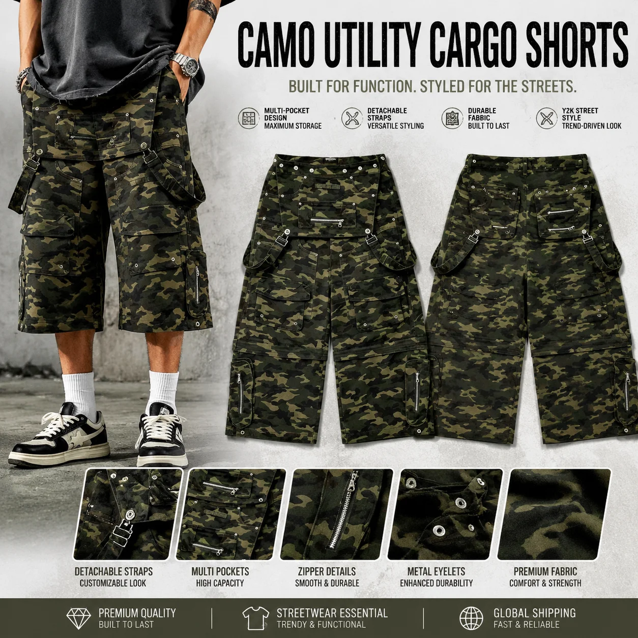 Custom Wholesale Men Baggy Camo Cargo Pants Streetwear Multi-Pocket Tactical Camouflage Trousers Wide Leg Hip Hop Pants