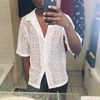 Chemise chemisier blanche pour homme en crochet et dentelle, boutonnée