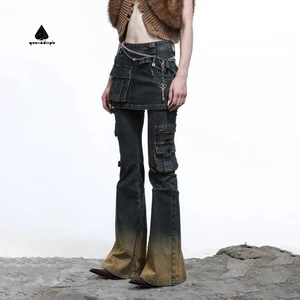 Faldas De Jeans Patchwork Layered Skirt Revival Ensemble Jean Pour Femme Women Vintage Women's Flare Jeans Pants for Ladies
