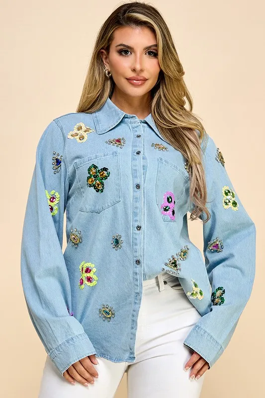 A Long-sleeved Denim Shirt With Lady