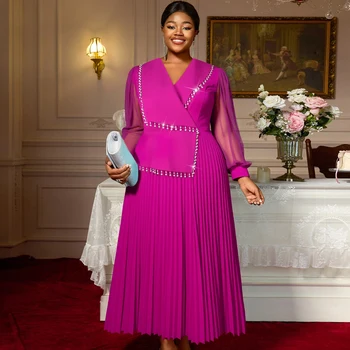 AM050328 Lapel Collar Sheer Sleeve Beaded Chiffon Patchwork Pleated a Line Maxi Formal Women's Casual Dress