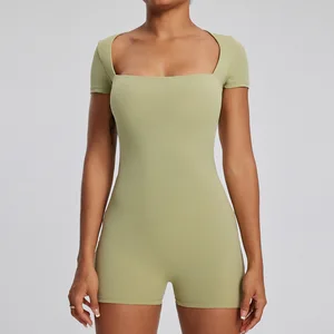 Nude Feeling Tight Fitting Breathable Quick Dry Spandex Nylon Short Sleeved Yoga Shorts One Piece Suit for Women Daily Training