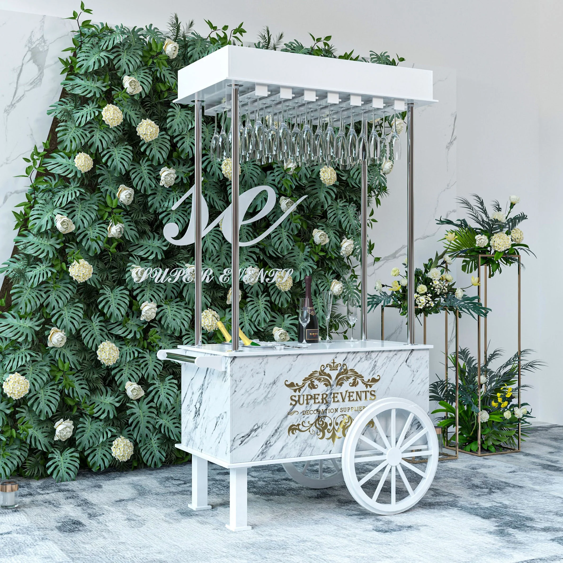 Elegant White Candy Display Cart with for Champagne Flowers and Dessert Bars Wheels Wholesale Wedding Decorations