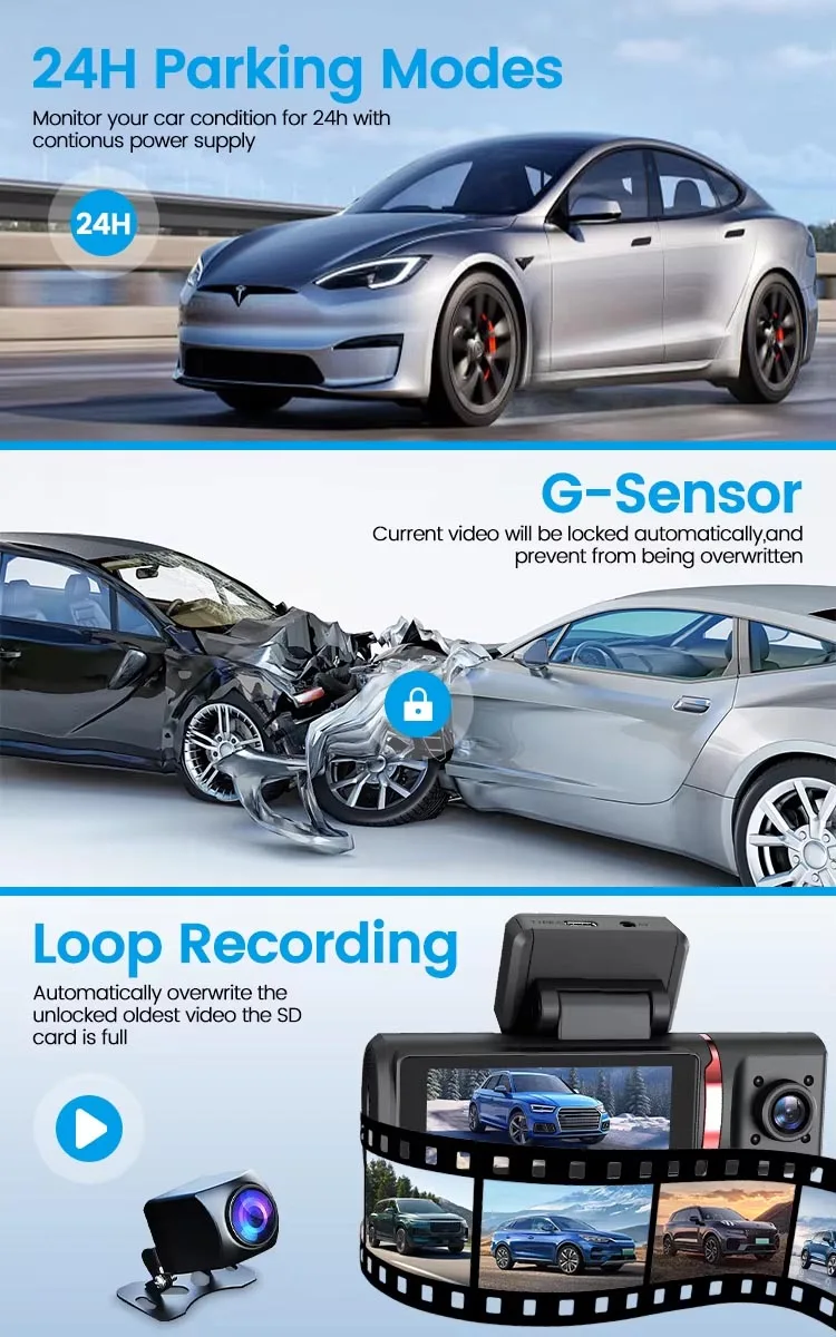 3.16 Inch Car Camera 3 Lens Car DVR Wifi GPS Night Vision 4K Recording 3 Channel Dash Cam