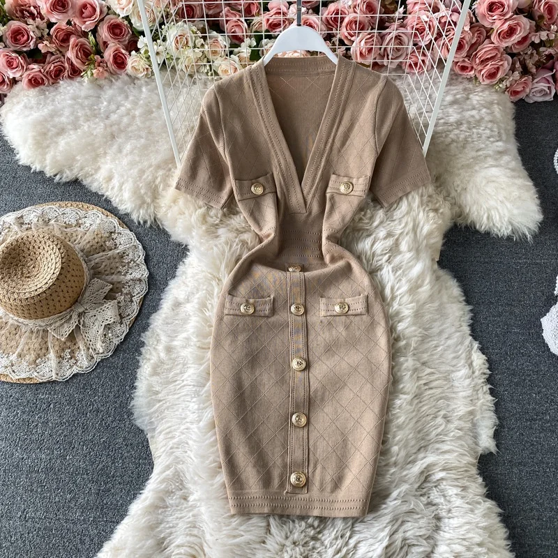 Wholesale V Neck Short Sleeved Knit Jersey Bodycon Dress Women Slim Casual  Summer Dresses Vestido