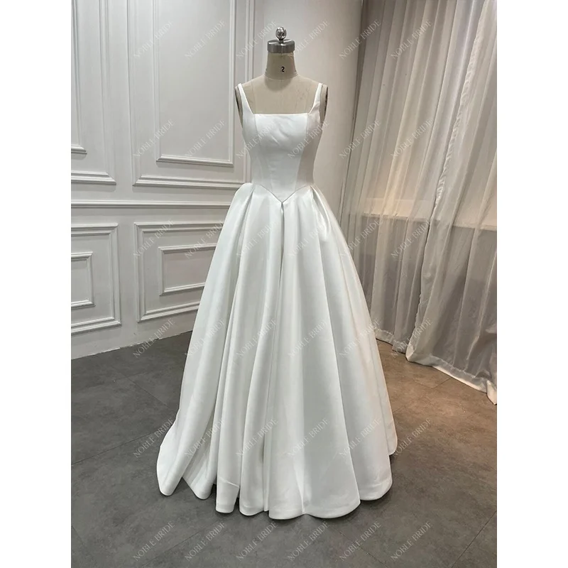 Manufactory Fashionable Basque Waist Satin Wedding Gown Elegant Bridal Simple Floor Length Boat Neckline Lace up Wedding Dresses Manufactory Fashionable Basque Waist Satin Wedding Gown Elegant Bridal Simple Floor Length Boat Neckline Lace up Wedding Dresses