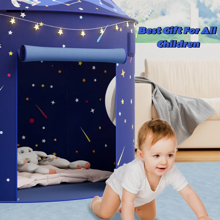 Rocket Ship Teepee Child Pop-up Small Space Playhouse Indoor Fun Kids Play Tent with Lights