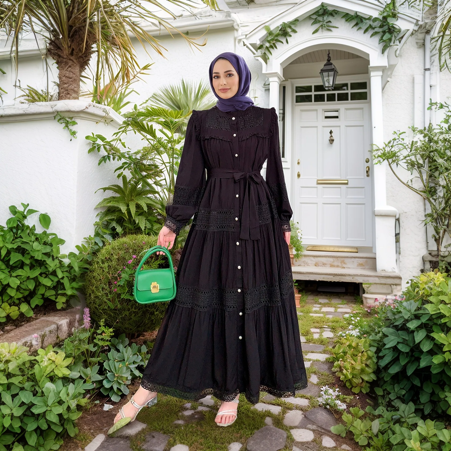 Elegant Muslim Dress New Middle Eastern Long Dress Lace up Slim Fit Hollow Lace Cotton French Bubble Sleeve Women's Dress Elegant Muslim Dress New Middle Eastern Long Dress Lace up Slim Fit Hollow Lace Cotton French Bubble Sleeve Women's Dress