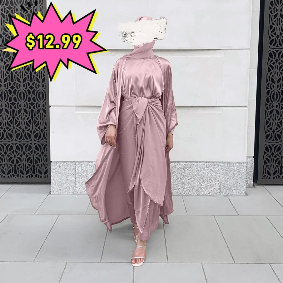 Loriya Muslim Women Fashion Dubai Abaya Satin Dress 3pcs Abaya Set Open Abaya Islamic Clothing Women Muslim Dress