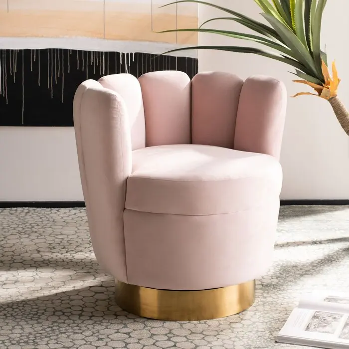 New Design Living Room Furniture Stainless Steel Golden Base Velvet Tufted Sofa Chair Swivel Barrel Chair High Back Chair