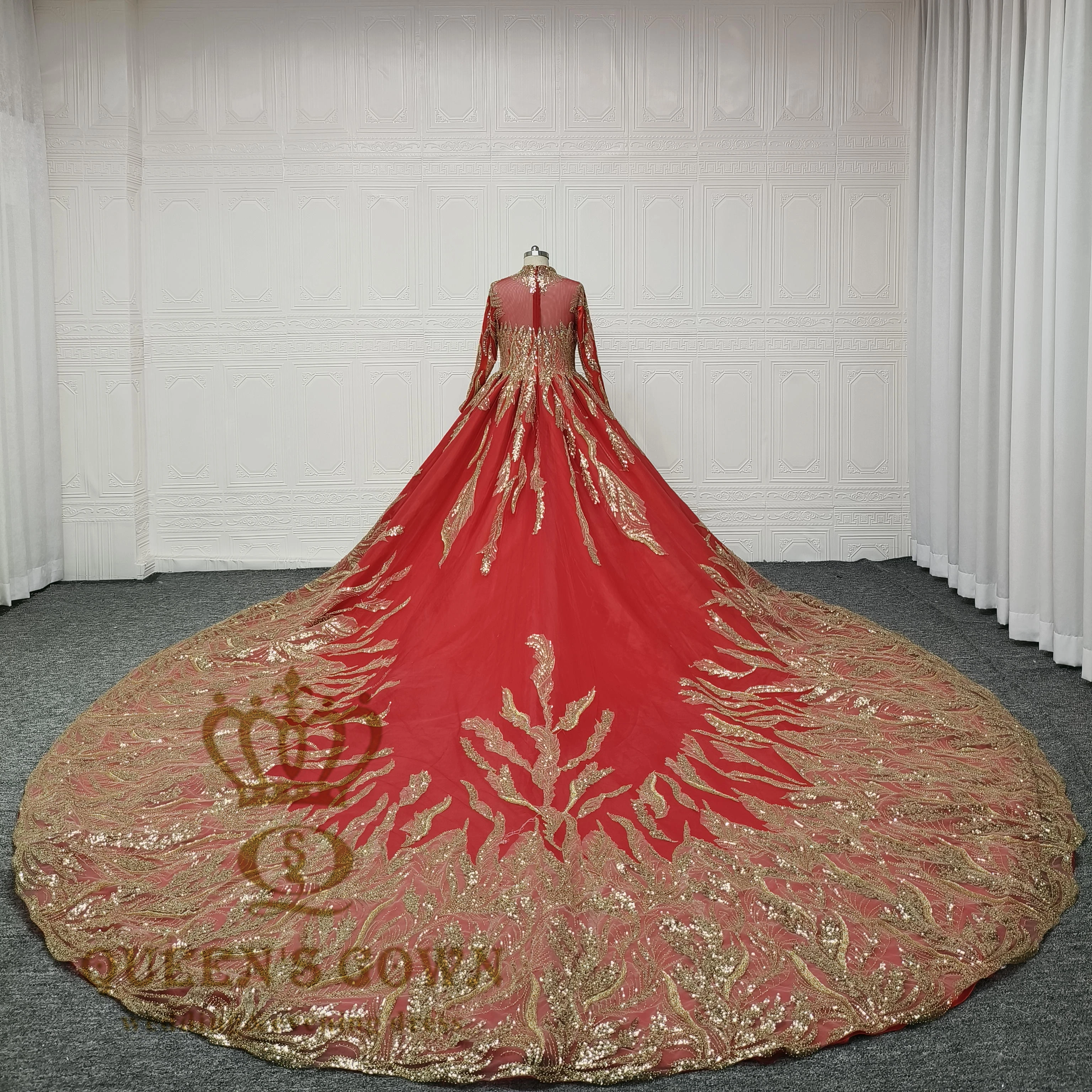 QUEENSGOWN Gorgeous Red Ball Gown Heavy Handbeaded With Delicate Gold  Sequins High Neck Long Sleeves Wedding Dress Illusion Back