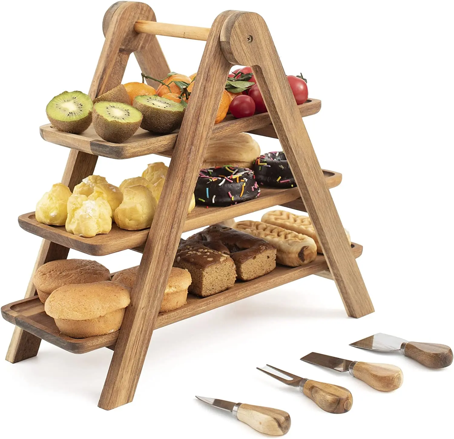 Wholesale Rectangle Decorative Acacia Wood Lacquer Finish 3 Tier Kitchen Dessert Table Display Set Food Serving Tray Cupcake