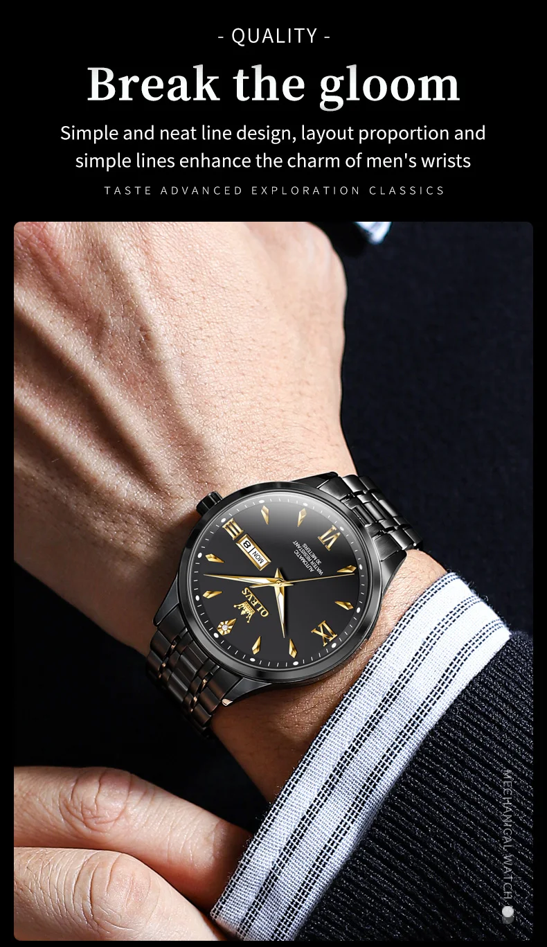OLEVS 9956 New Fully Automatic Watch Stainless Steel Waterproof Mechanical Watches Business Simple Double Calendar Mens Wrist