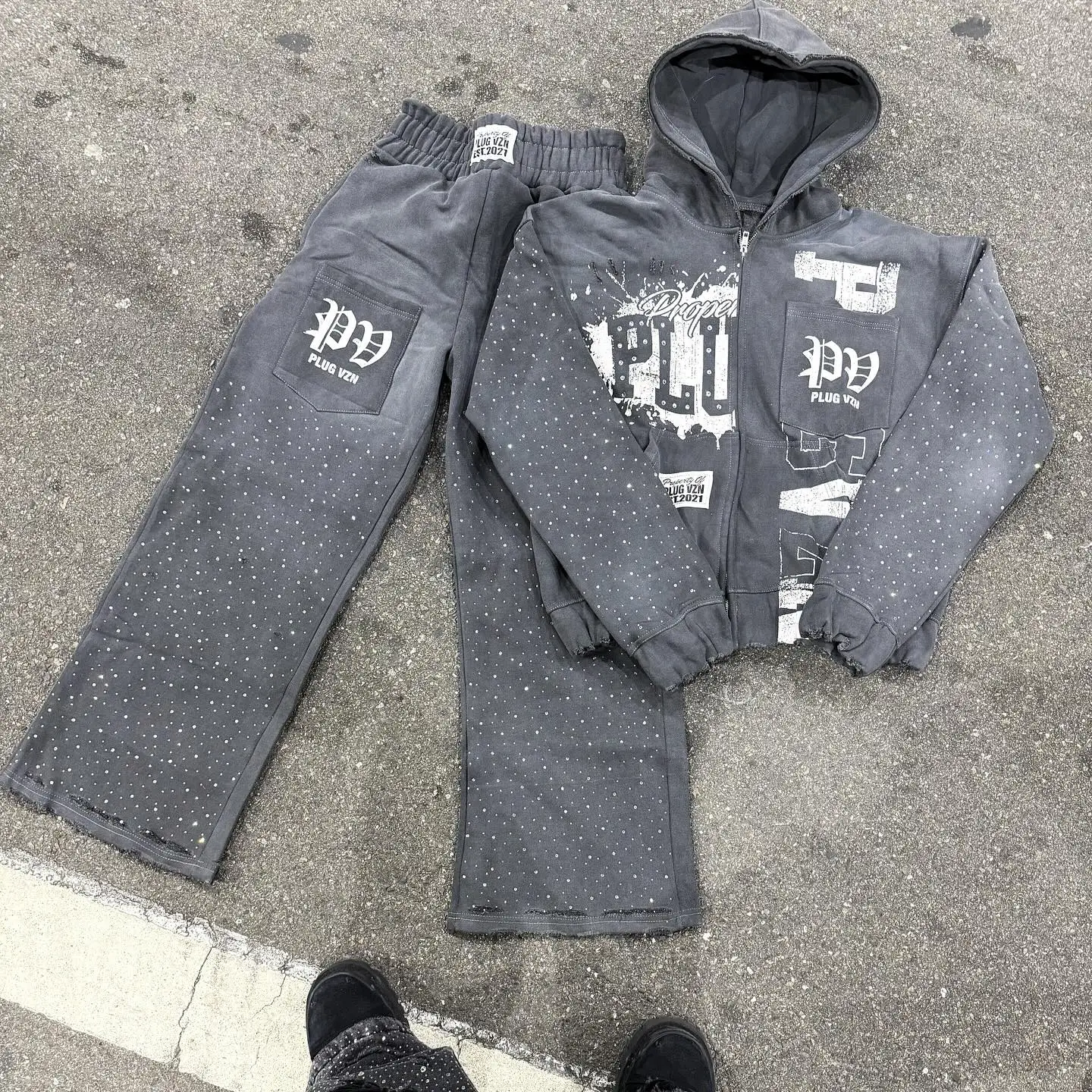 Custom Washed Vintage Print Rhinestone Sun Faded Full Zip up Hoodies Tracksuits Men Flared Acid Wash Sweatpants Hoodie Set gallery 7