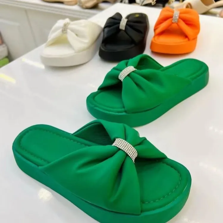 New summer large size women's shoes thick sole bow sequin thick sole casual slippers for women