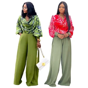 HK6605 Latest Design Two Piece Set Women Clothing Printed Lantern Sleeve Shirt and Wide Leg Pants Set Fall Outfits for Women