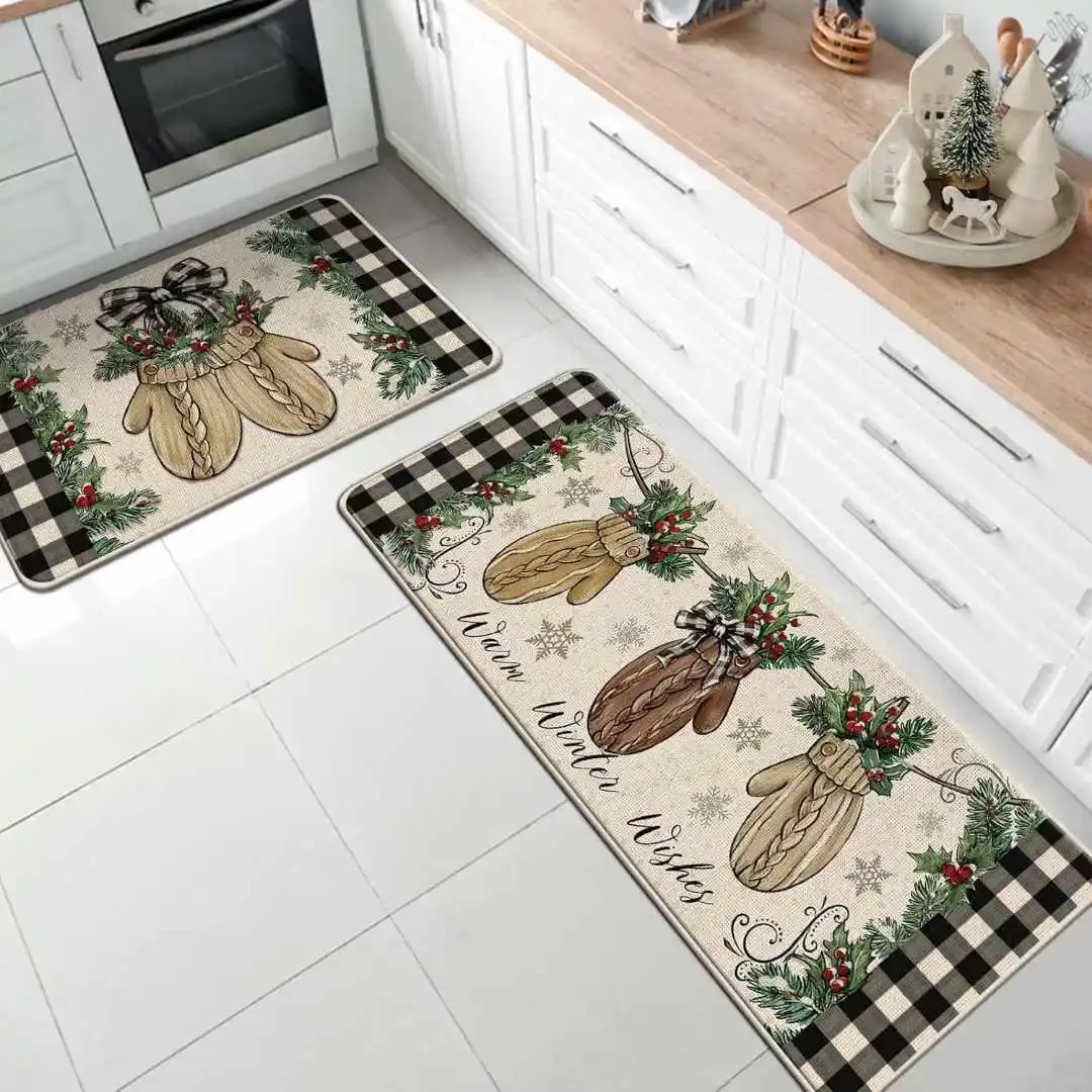 Red Merry Christmas Kitchen Rug Sets   Decorative Area TPR Backing Floor Doormat factory