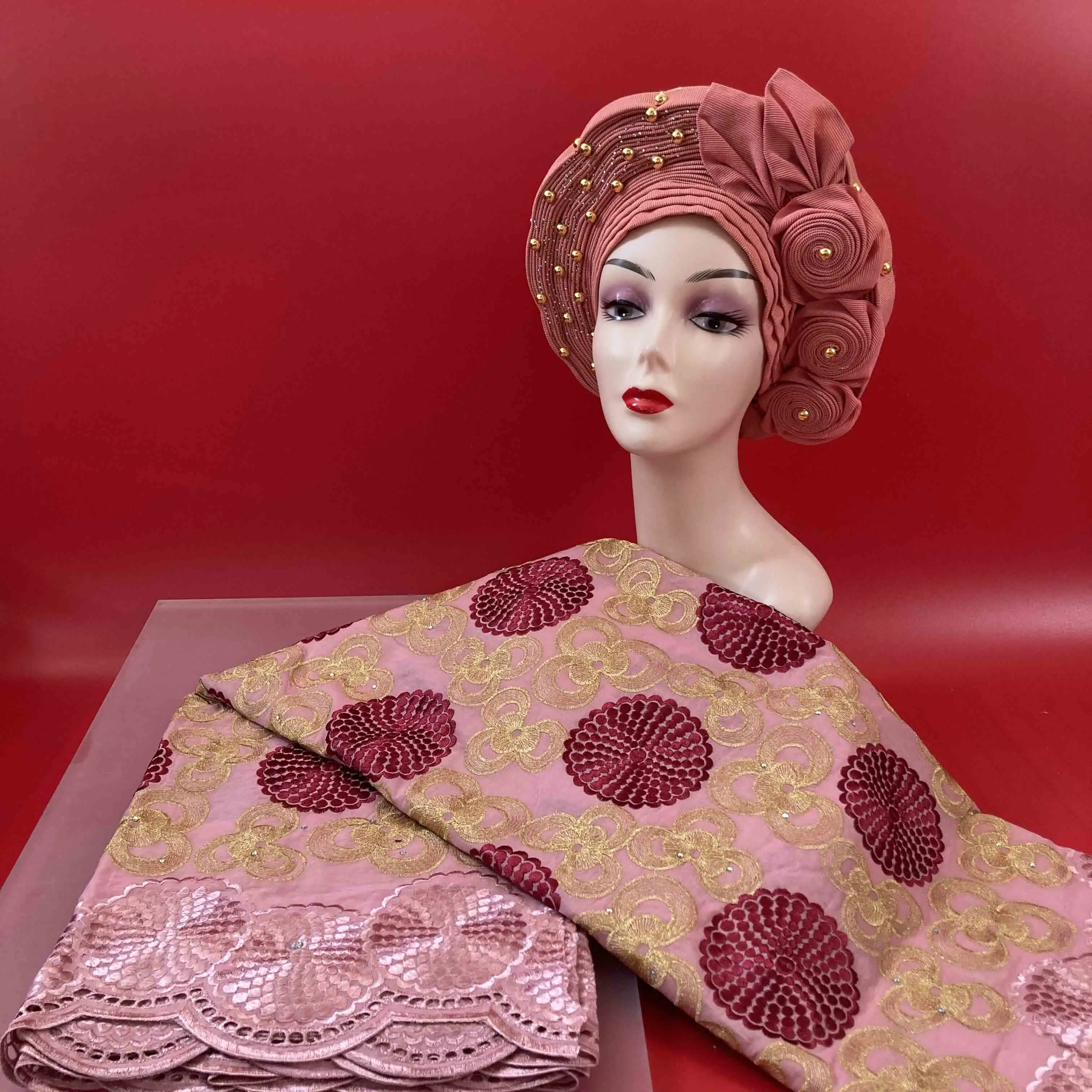 5 Yards/set Cotton Fabric With Swiss Voile Lace Fabric Damask Shadda