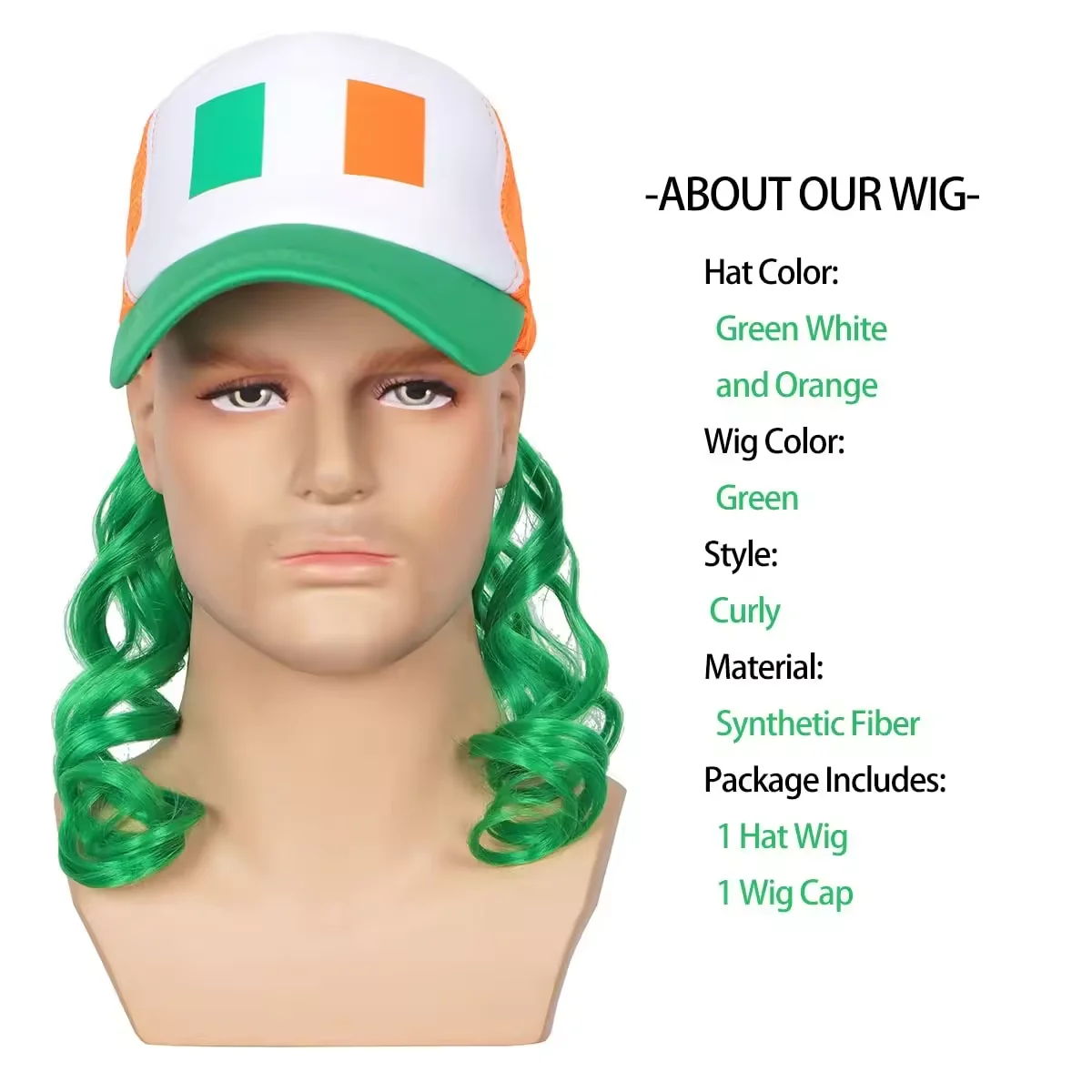 HLC Custom Logo Green White and Orange Mullet Hat Wig Head Wear for St  Patrick Day Ireland Baseball Wigs Cap Party Decoration