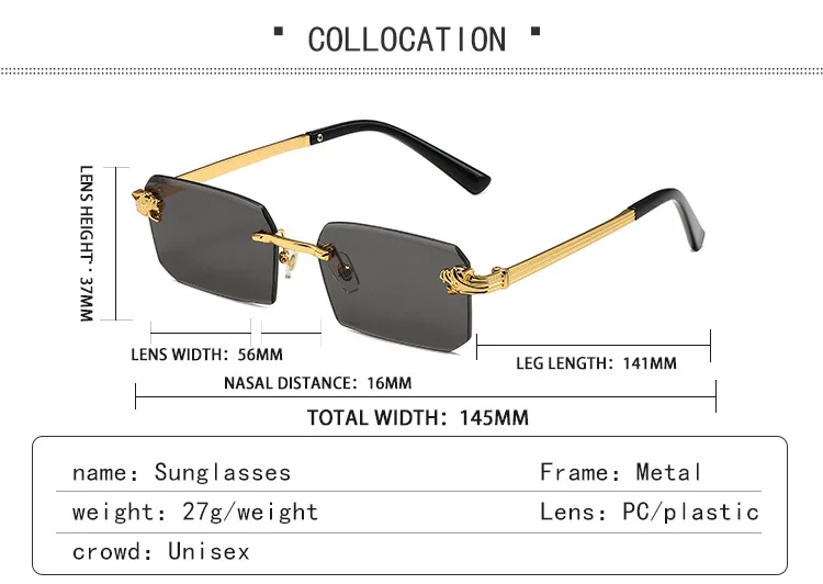 Custom Logo Mens Rectangle Rimless Sunglasses with Diamonds