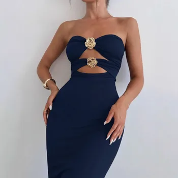 Women's Summer Dresses Crisscross Bust Cutout Backless Mermaid Prom Dress with Metal Rose Decoration