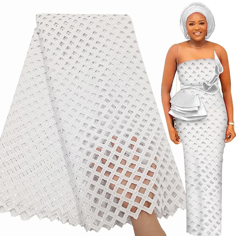 2022 High Quality African Pure White Sequence Cord Lace Plain White Lace  Fabric
