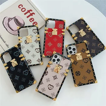 Luxury Designer Brand Phone Cases with Logo Square Mobile Cover Case Leather with Strap Cases for Iphone 11 12 13 pro max x xr
