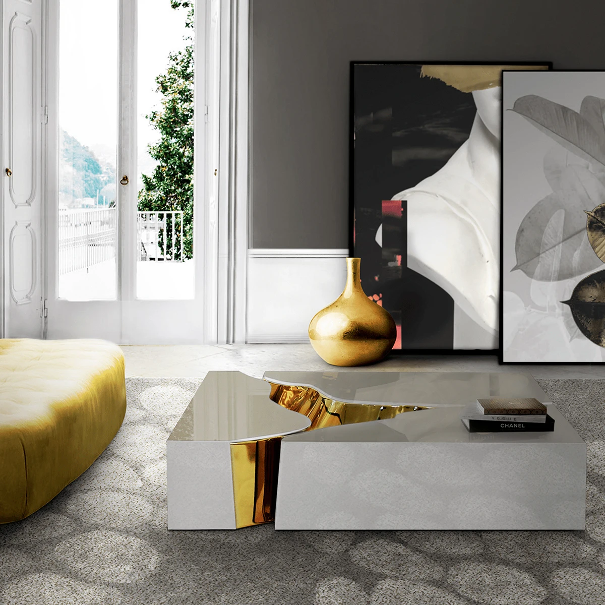 Portuguese Azulejo Center Table - Traditional Hand-Painted Tiles, Polished Brass, Modular Design