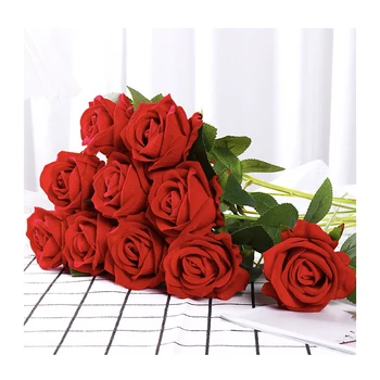 Factory bulk wholesale high quality Artificial single velvet roses flower  red white custom real touch rose decorative flowers