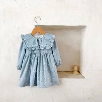 Spring and Autumn Ins Girls Baby Crocheted Corduroy Printed Lapel Dress Toddlers and Young Girls Baby Dresses