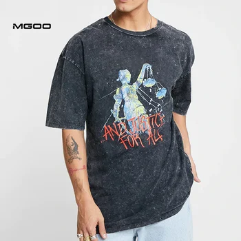 MGOO Vintage Black Printed Large Graphic Tees Acid Wash Tshirt Men Oversize Crewneck t Shirts