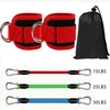 Red, blue, and green elastic tubes paired with bright red ankles