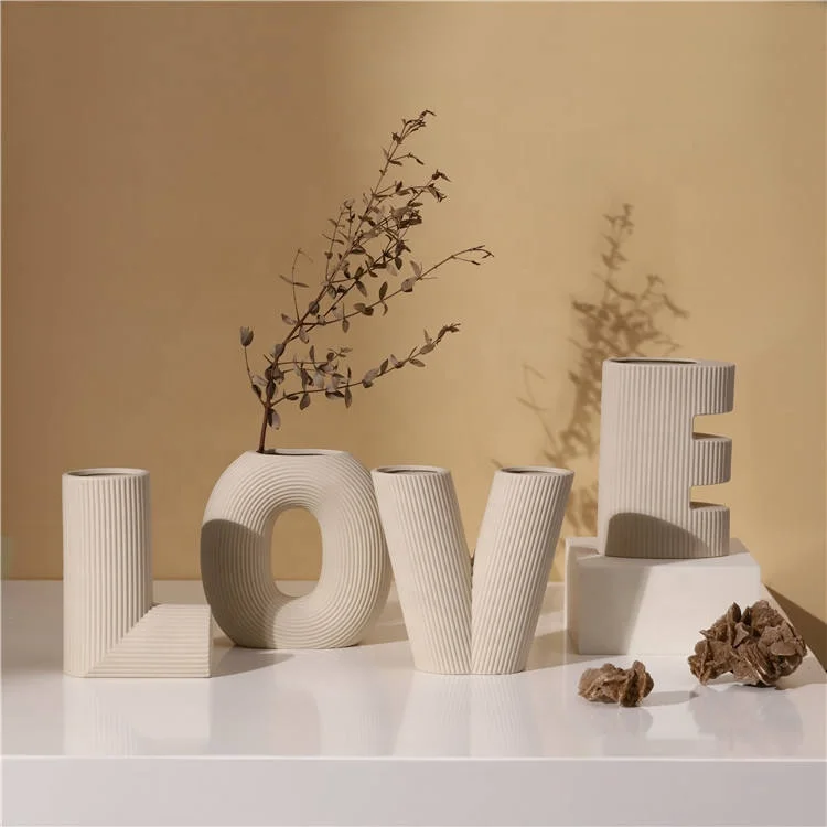 K&B Modern Nordic Morandi Style LOVE Letter Stripe Home Decoration Porcelain Flower Vase Home Goods Ceramic Vases