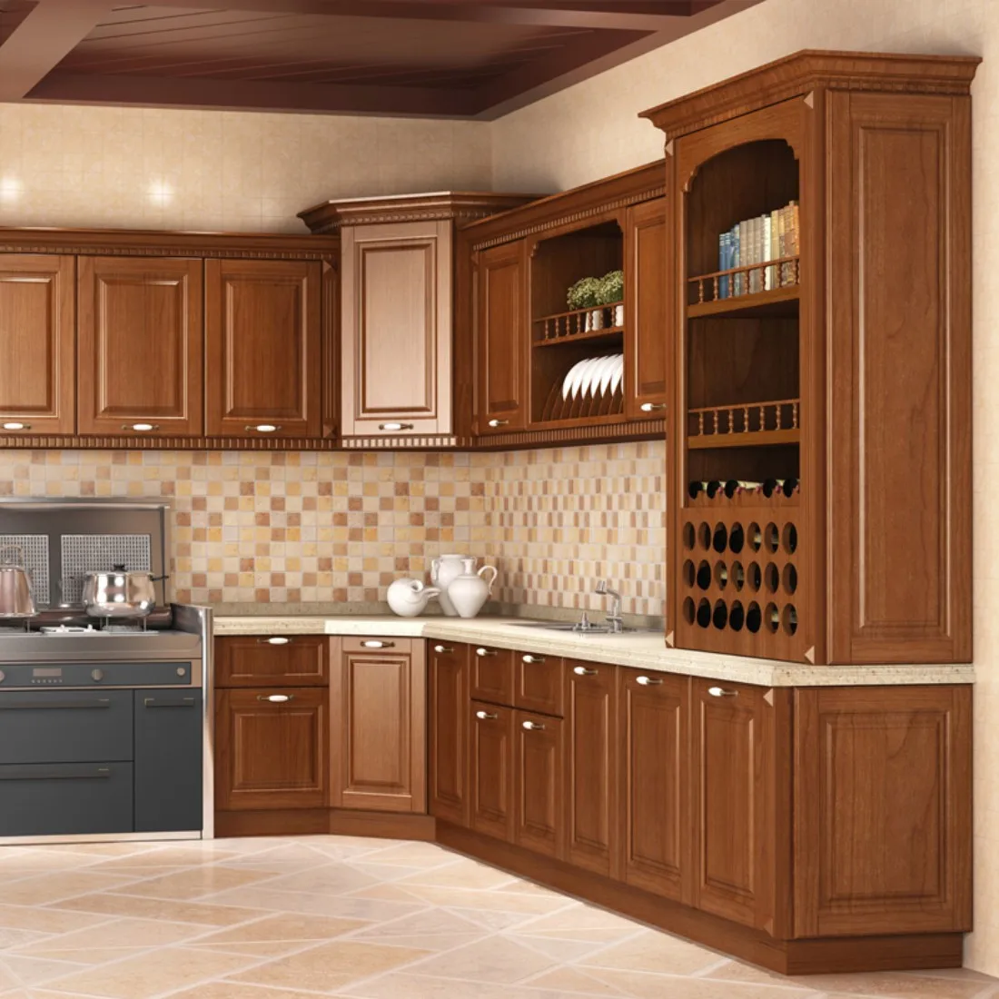 Classical Kitchen Designs with Island Oak Solid Wood Cabinets