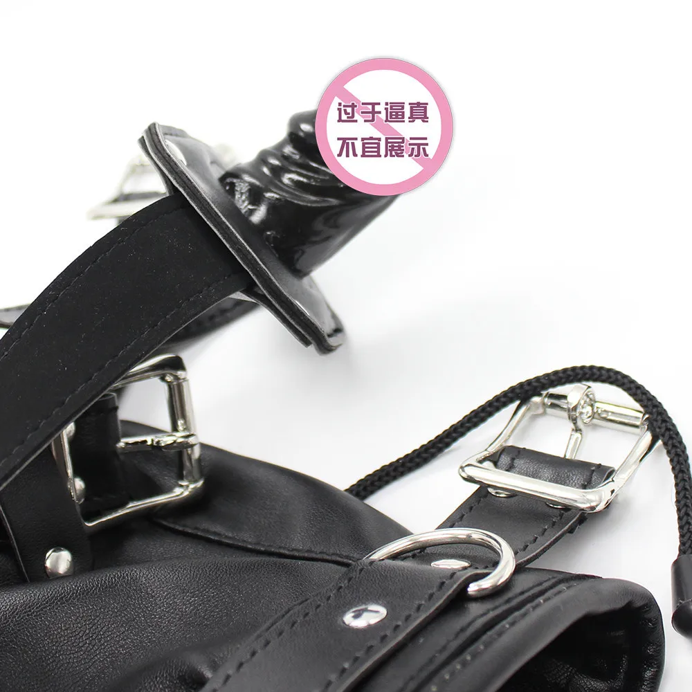 Adjustable Leather Black Bondage Hood BDSM Head Cage with Dildo Mouth Gag for Slave Play