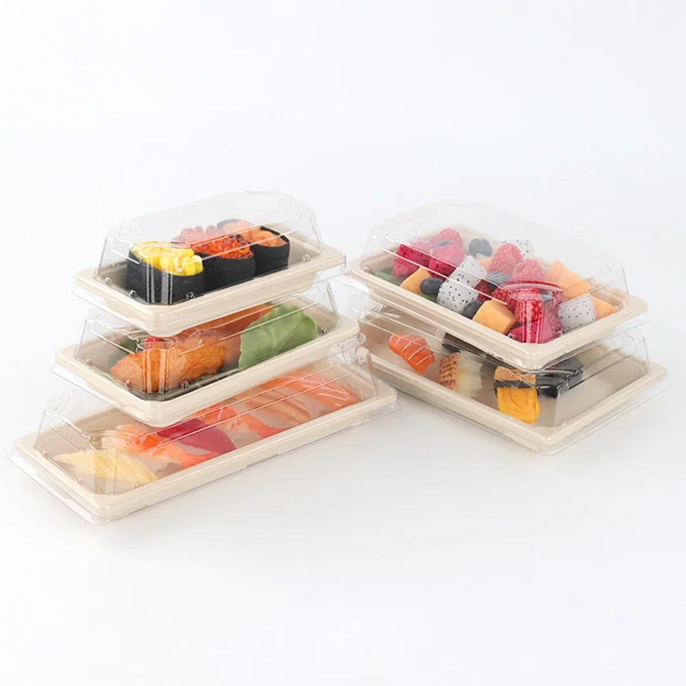 Disposable Kraft Paper Sushi Tray With PET Lid Takeout Food Packaging Box for Sandwich Cake Donuts and Dessert Catering