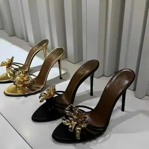 QuiteS 2026 New Summer Fashionable Super High-Heeled Slippers  Metal Flower Open-Toe Stiletto Luxury Shoes for Women