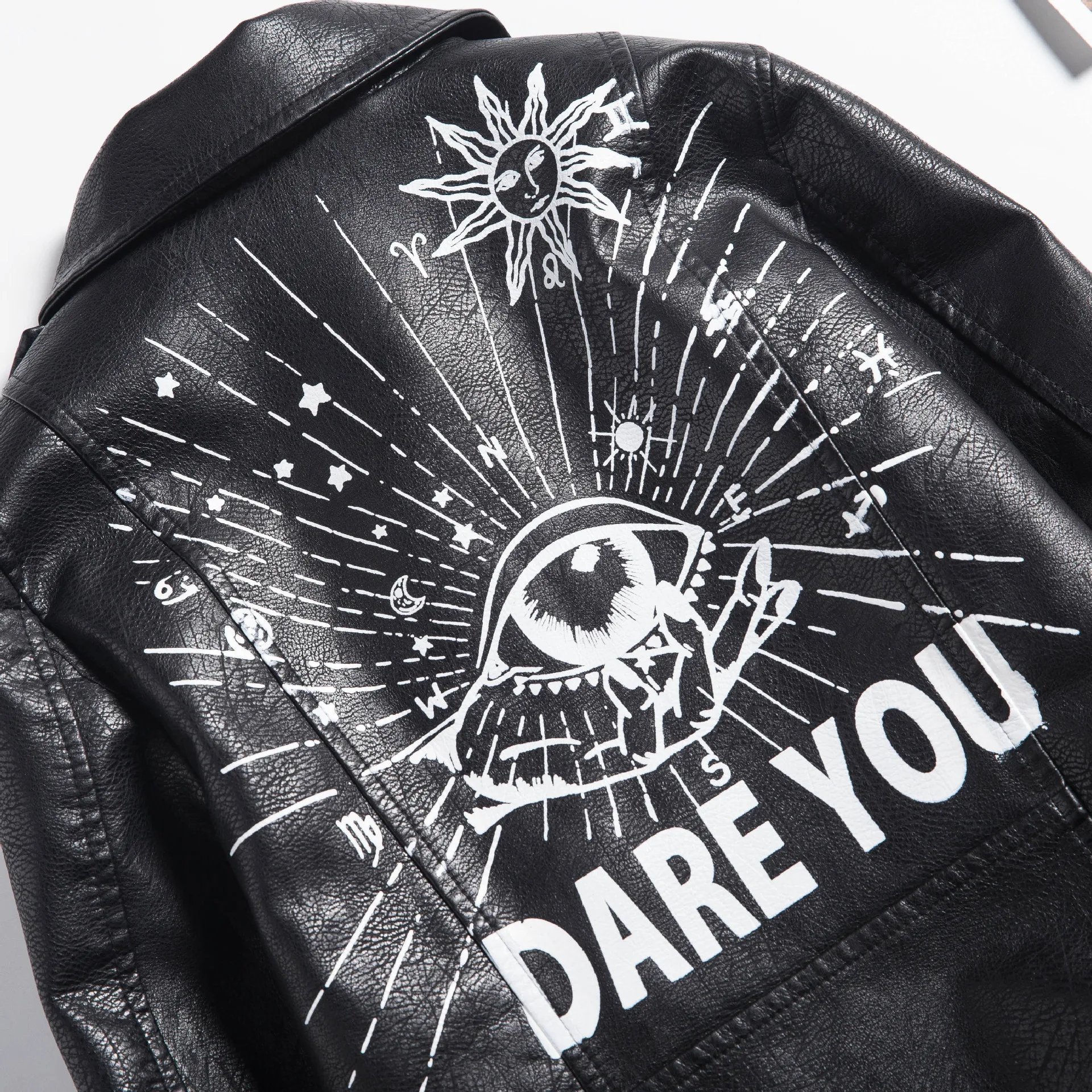 2021 Short Hip Hop Graffiti Fall Zipper Eye Dare You Faux Leather Womens Jackets