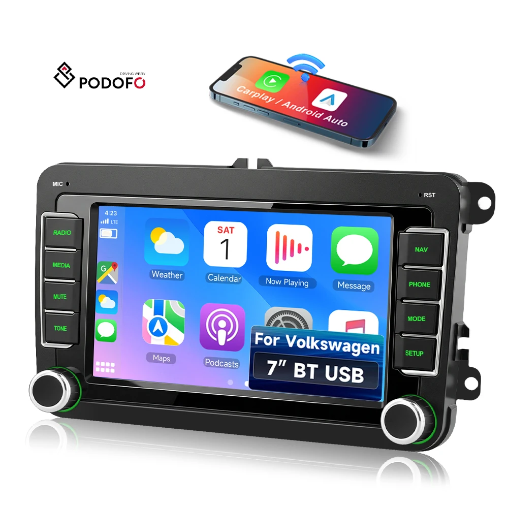 Podofo 7'' 2 Din Car Stereo MP5 Car Player Wireless Carplay&Android Auto BT/FM/AM/RDS for VW/PASSAT/POLO/GOLF OEM/ODM Factory A4691