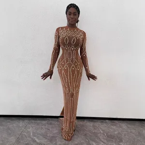 STOCK Two Colors Rhinestone Dress Women Long Sleeve Mesh Sheer Maxi Dress Blingbling Evening Vestidos Robe S-XL